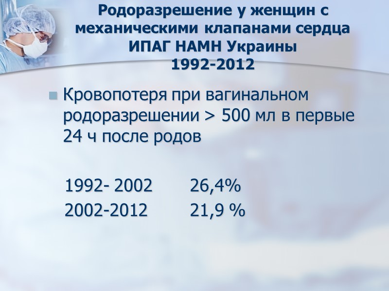 Родоразрешение у женщин с механическими клапанами сердца ИПАГ НАМН Украины 1992-2012 Кровопотеря при вагинальном